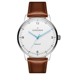 Sidegren Olivier | Montre En Acier Inoxydable Argenté Avec Bracelet Marron & Aiguilles Bleues