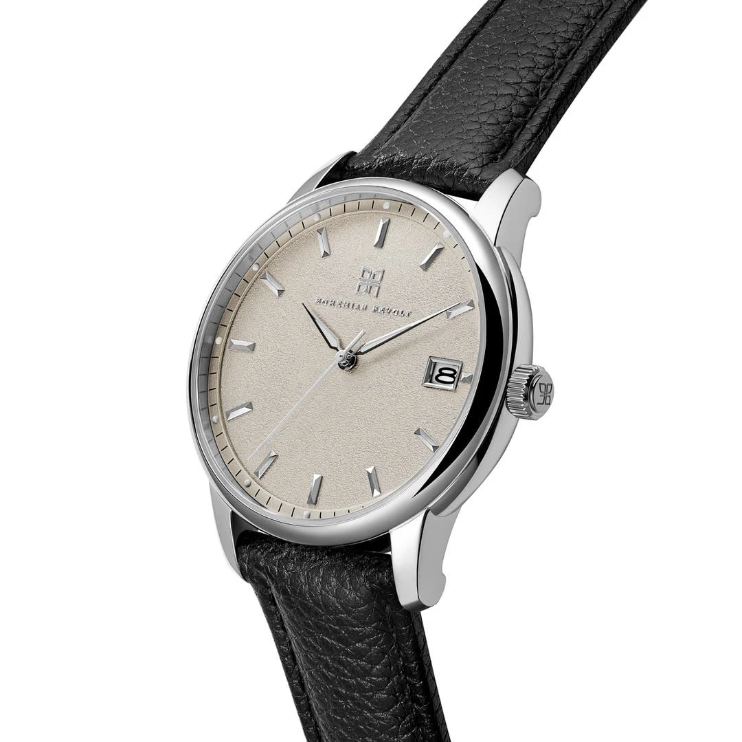 Bohemian Revolt Mirage | Montre En Acier Inoxydable Argenté Avec Cadran Blanc Et Bracelet En Cuir – Image 2