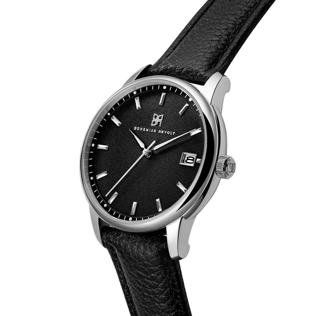 Bohemian Revolt Mirage | Montre En Acier Inoxydable Argenté Avec Cadran Noir Et Bracelet En Cuir – Image 2